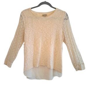 Lucky Brannd Ivory Tulip Back Lace Linen Blend Split Layered Sweater Size Large